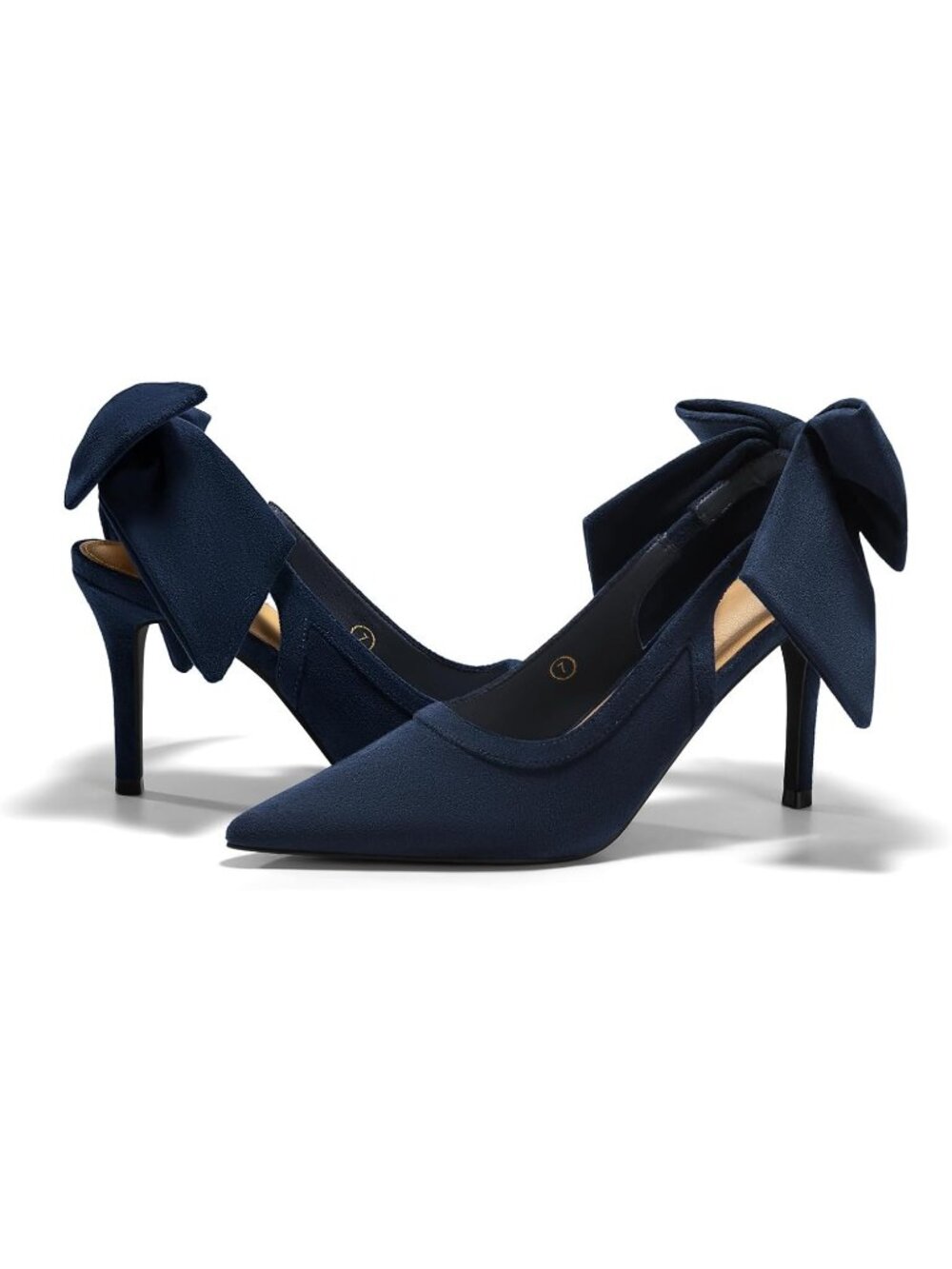 Women Suede Navy Blue Slingback Bow Closed Pointed Toe Lace Patchwork High Heels - Picture 1 of 6